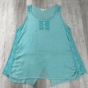 Tantrums Blue Lace Button Detail Cross Over Back Flowy Sheer Sleeveless Shirt XL